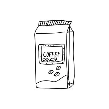 .Hand drawn doodle vector illustration of coffee bag. Isolated on white backg Stock Illustration