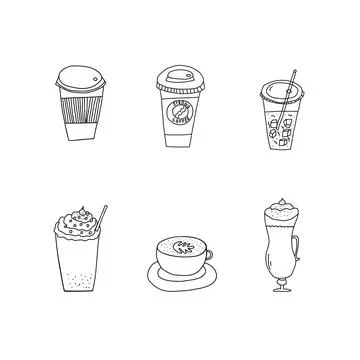 Hand drawn doodle vector illustration of set of various coffee drinks in glas Stock Illustration