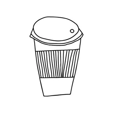 Hand drawn doodle vector illustration of hot coffee in a paper to go cup with Stock Illustration