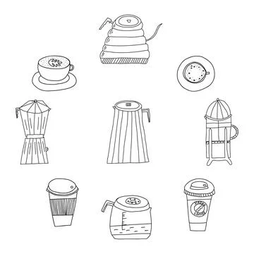Hand drawn doodle vector illustration of set of various coffee drinks in glass Illustrazione stock