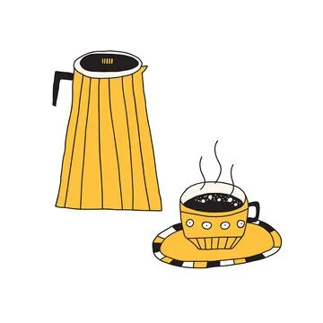Hand drawn doodle vector illustration of designer coffee or tea pot with a cup Stock Illustration
