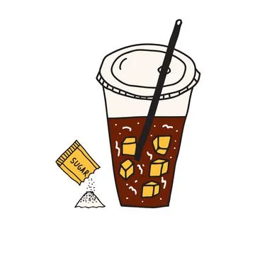Hand drawn doodle vector illustration of iced coffee with cubes of ice in a p Stock Illustration