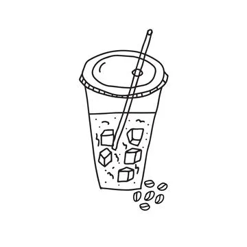 Hand drawn doodle vector illustration of iced coffee with cubes of ice in a p Stock Illustration