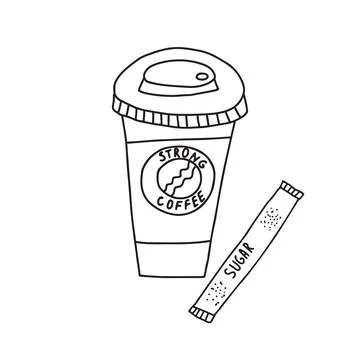 Hand drawn doodle vector illustration of hot coffee in a paper to go cup with a Stock Illustration