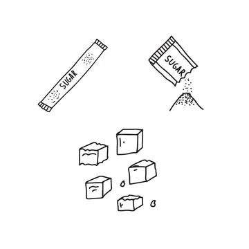 Hand drawn doodle vector illustration of sugar cubes and packets. Isolated on Stock Illustration