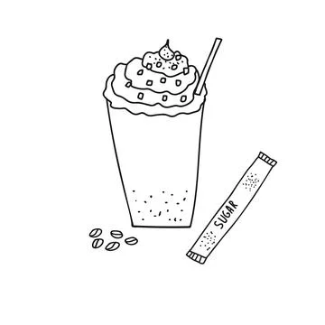Hand drawn doodle vector illustration of sweet frappe coffee drink with foam and Illustrazione stock