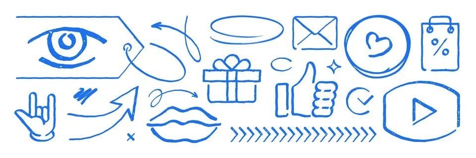 Hand Drawn Doodle Vector Illustration Set Of Social Media And Web Icons 스톡 일러스트