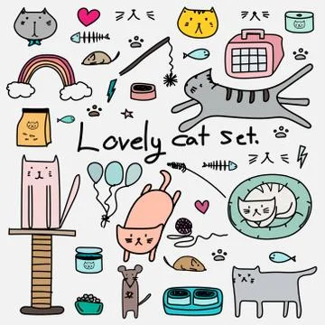 Hand Drawn Doodle Vector Lovely Cat Set. Cute Cat For Gift Wrap. Stock Illustration