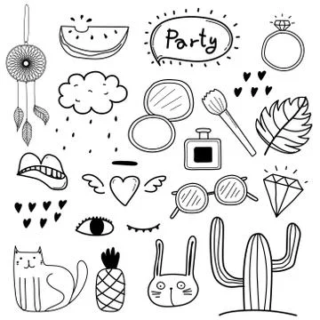 Hand Drawn Doodle Vector Party Set. Vector Design Elements Collection. Stock Illustration