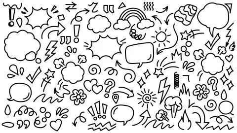 Hand drawn doodle vector set with arrows, speech bubbles, comic explosion Illustrazione stock