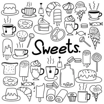 Hand Drawn Doodle Vector Sweets Set. Stock Illustration