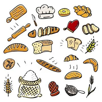 Hand drawn doodles cartoon bread and baguette, croissant and buns. Bread Stock Illustration