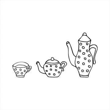 Hand-drawn doodles cup, teapot, and kettle Stock Illustration