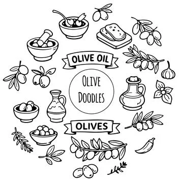 Hand drawn doodles olive branches and individual olives. Olive tree branches Stock-Illustration