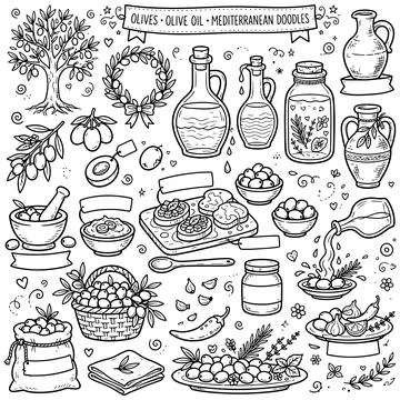 Hand drawn doodles olive branches and individual olives. Olive tree branches Stock Illustration