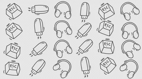 Hand-drawn doodles of tech gadgets on transparent background Stock Footage 337532856