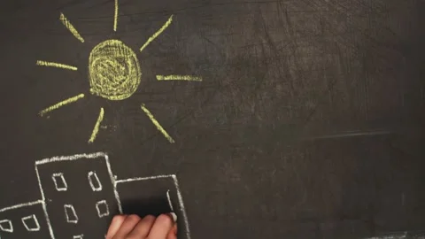 Hand-drawn drawing depicting the sun in the sky over the city. The sun with rays Stock Footage 236400871