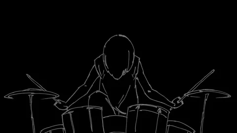 Hand Drawn Drummer Playing Drums Loop on Black Background Stock Footage 345775237