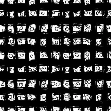 Hand Drawn Dry Brush Grid Seamless Pattern with Small Circles. Stock Illustration