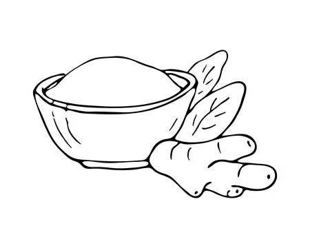 Hand-drawn dry ginger powder in bowl with ginger root and leeves Stock Illustration