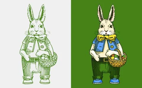 Hand drawn easter bunny rabbit character with basket full of eggs. Stock Illustration
