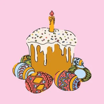 Hand Drawn Easter Cake with Candle, and Eggs Stock-Illustration