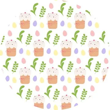 Hand Drawn Easter Cake Painted Eggs and green leaves Festive Seamless Pattern on 스톡 일러스트