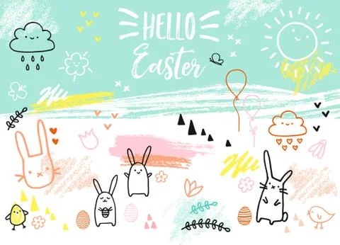 Hand-drawn Easter card with bunnies, vector Stock Illustration