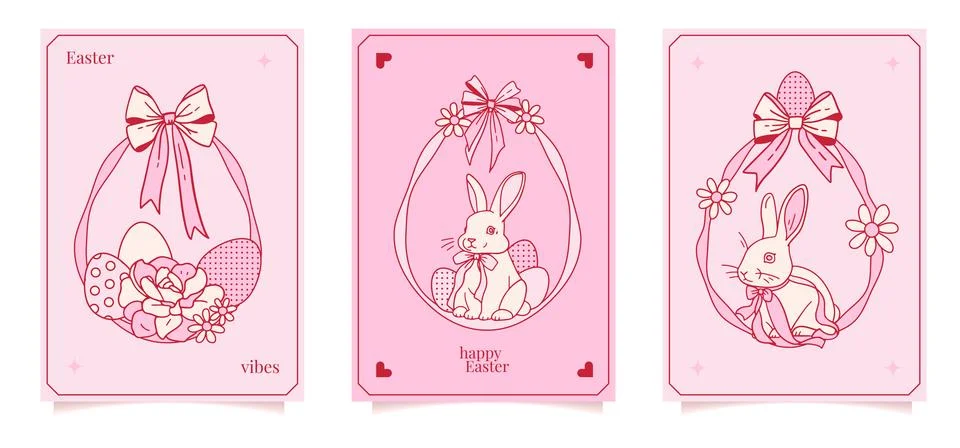 Hand drawn Easter cards or posters set with coquettish pink ribbon frame baby Stock Illustration