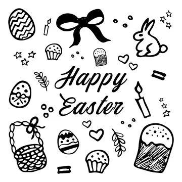 Hand drawn easter design set. Rabbits, eggs, basket, Easter cake, candle. Stock Illustration