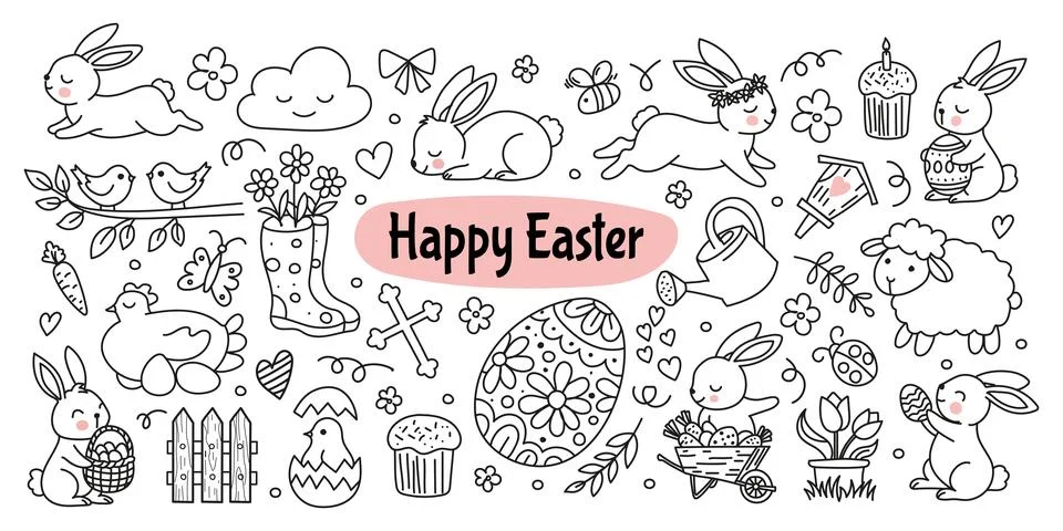 Hand drawn Easter doodle elements isolated on white background. Bunny, bask.. Stock Illustration