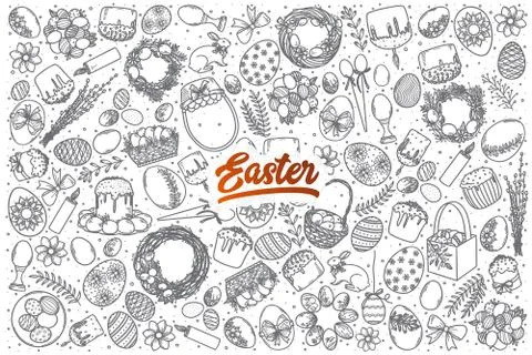 Hand drawn Easter doodle set with lettering Stock Illustration