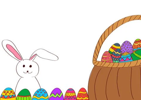 Hand drawn easter eggs basket and bunny Illustrazione stock