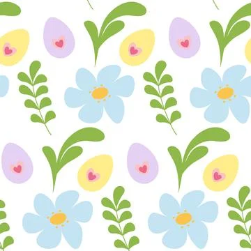 Hand Drawn Easter Eggs Flowers and Spring Twigs Seamless Pattern Easter Holidays Stock Illustration