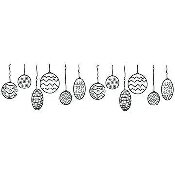 Hand-drawn easter eggs hanging on string in black and white Stock Illustration