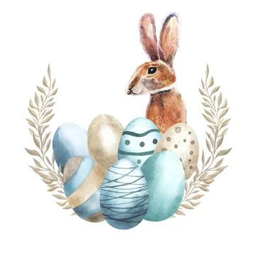 Hand drawn Easter eggs watercolor set. Illustration for greeting card, Design Stock Illustration