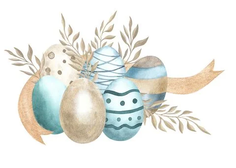 Hand drawn Easter eggs watercolor set. Illustration for greeting card, Design Stock Illustration