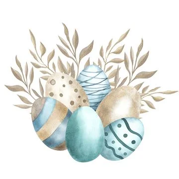 Hand drawn Easter eggs watercolor set. Illustration for greeting card, Design Stock Illustration