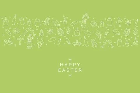 Hand drawn Easter elements in doodle style. Green decorative vector background 스톡 일러스트