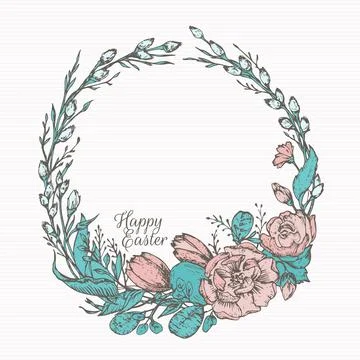 Hand Drawn Easter Flowers Wreath Color Vector Illustration. Willow Twigs Frame Stock Illustration
