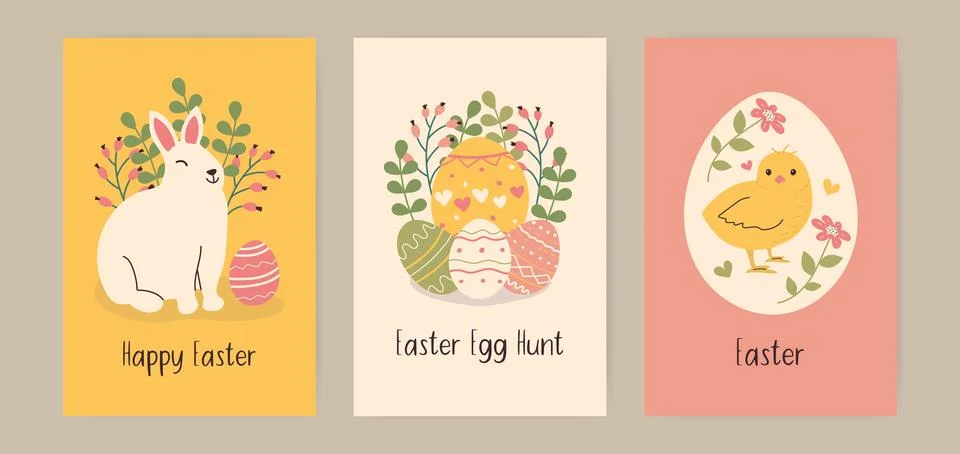 Hand drawn Easter greeting cards. Vertical postcards with bunny chick and f.. Illustrazione stock