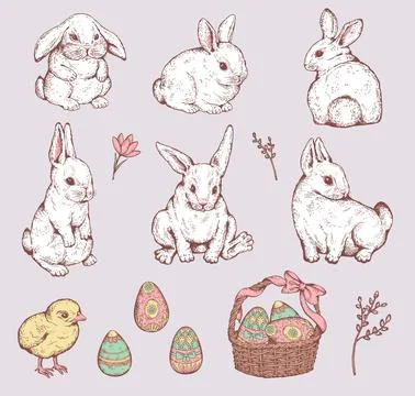 Hand drawn Easter holidays elements - rabbit, eggs and chick, sketch vector Stockillustratie
