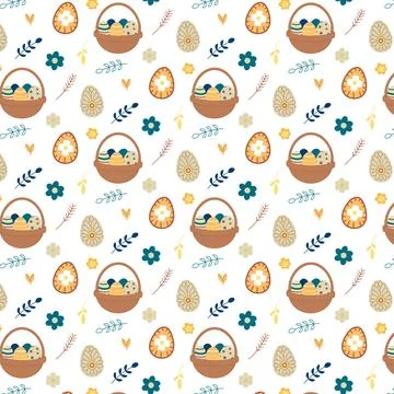 Hand drawn Easter pattern, Easter basket and eggs on a light background 스톡 일러스트