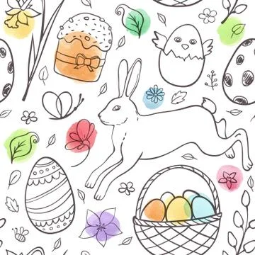 Hand drawn Easter pattern with rabbit Stockillustratie