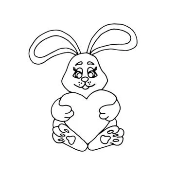 Hand drawn Easter Rabbit with gift and hearts in doodle, patterned bunny in Stock Illustration