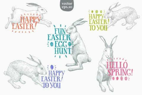 Hand drawn Easter rabbits with greeting lettering. Spring vector illustration Stock Illustration