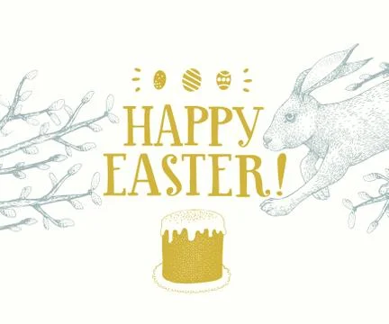 Hand drawn Easter rabbits with greeting lettering. Spring vector illustration Stock Illustration