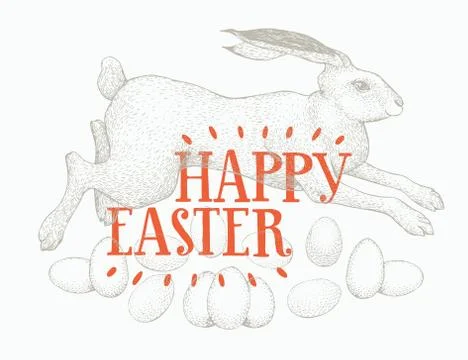Hand drawn Easter rabbits with greeting lettering. Spring vector illustration Stock Illustration
