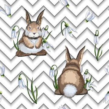 Hand drawn Easter seamless pattern with hares or rabbits on zigzag background Stock Illustration
