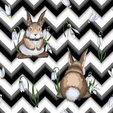 Hand drawn Easter seamless pattern with hares or rabbits on zigzag background 스톡 일러스트